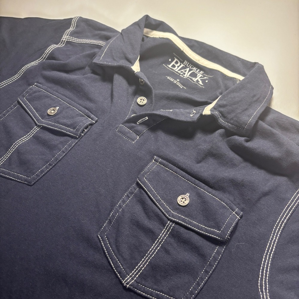 Buckle Black No. 48 Mens Polo Shirt Medium Blue Short Sleeve Pockets